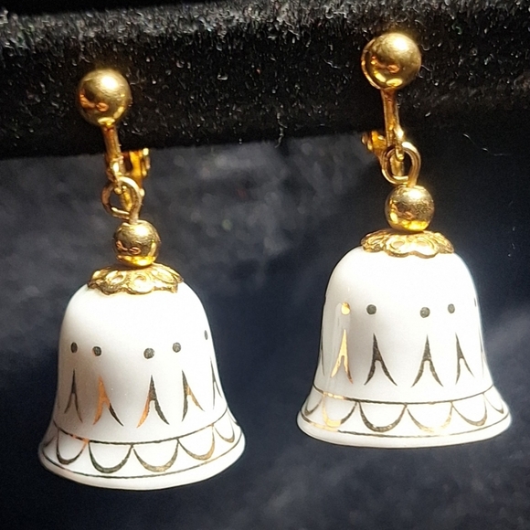 Avon Jewelry - Vintage AVON Elegant Gold Tone and Bone China Bell Clip-on Earrings